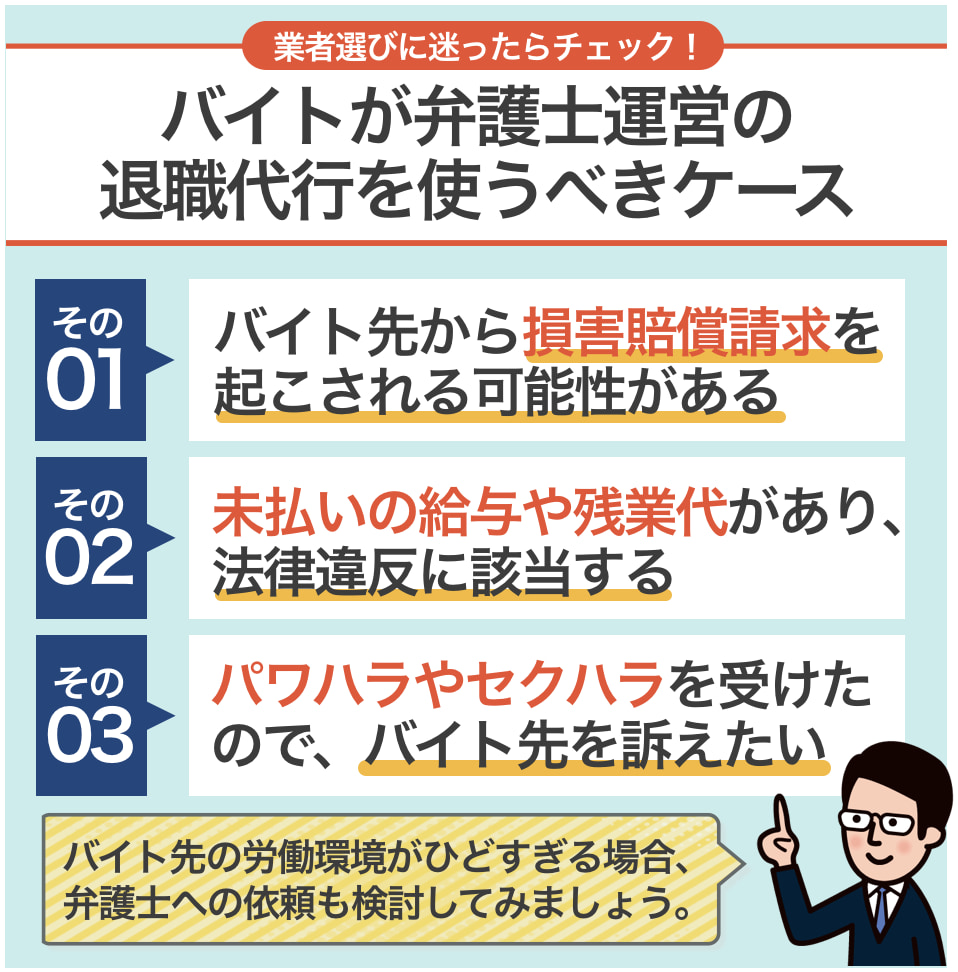 バイトが弁護士運営の退職代行を使うべきケースをご紹介